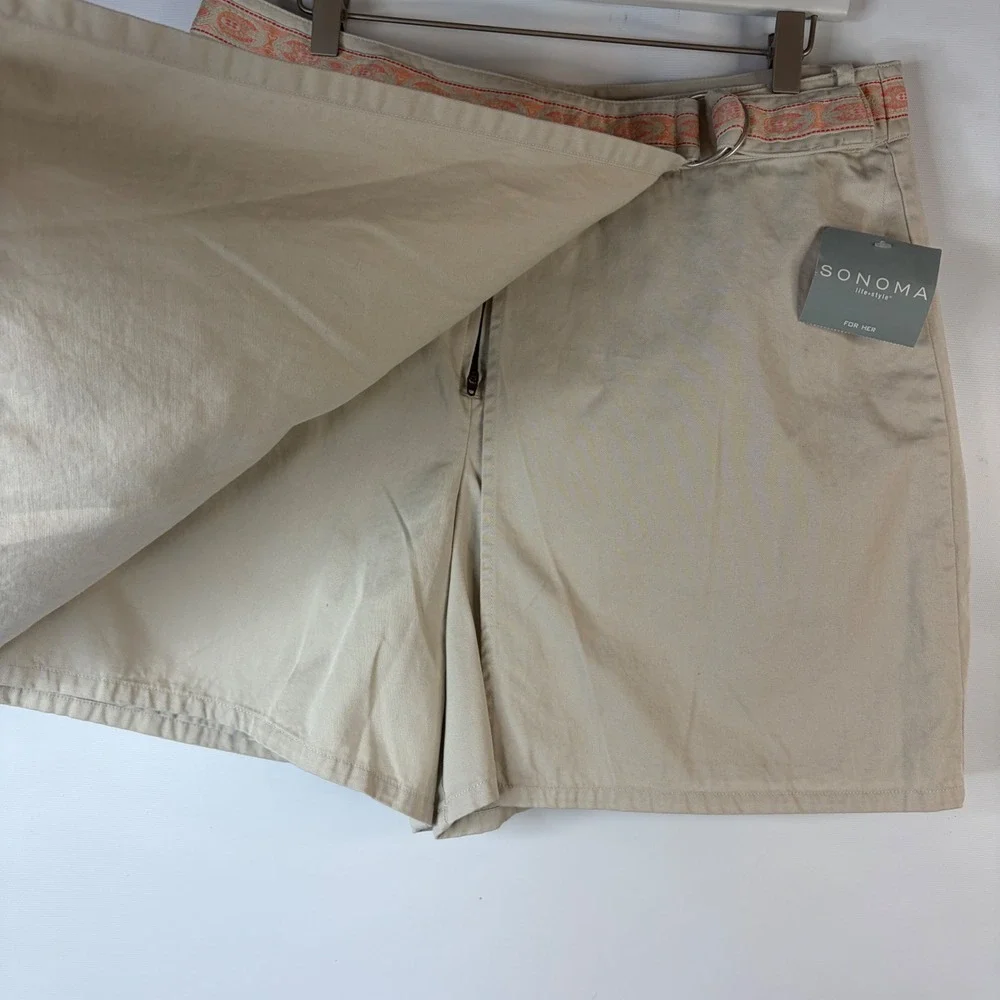 Sonoma Skort Women 16 Stone Beige Embroidered Trim Wrap Front Cotton